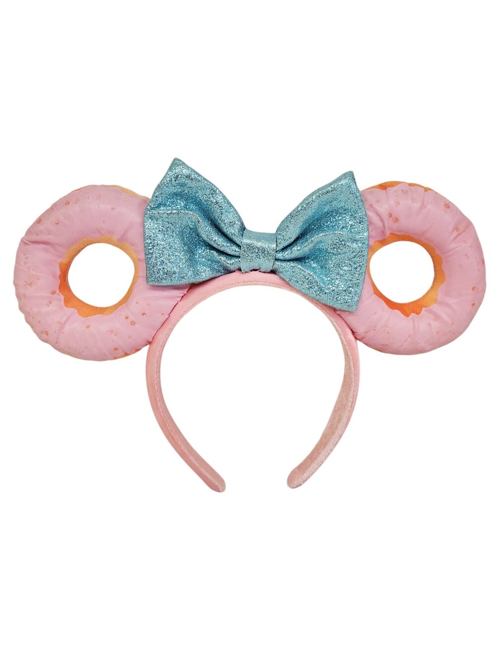 Disney Parks Minnie Mouse Donut Ears Headband Pink Frosting Sparkly Blue Bow